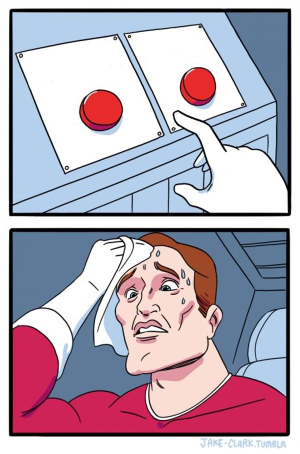 Two Buttons meme about Geek Tropical