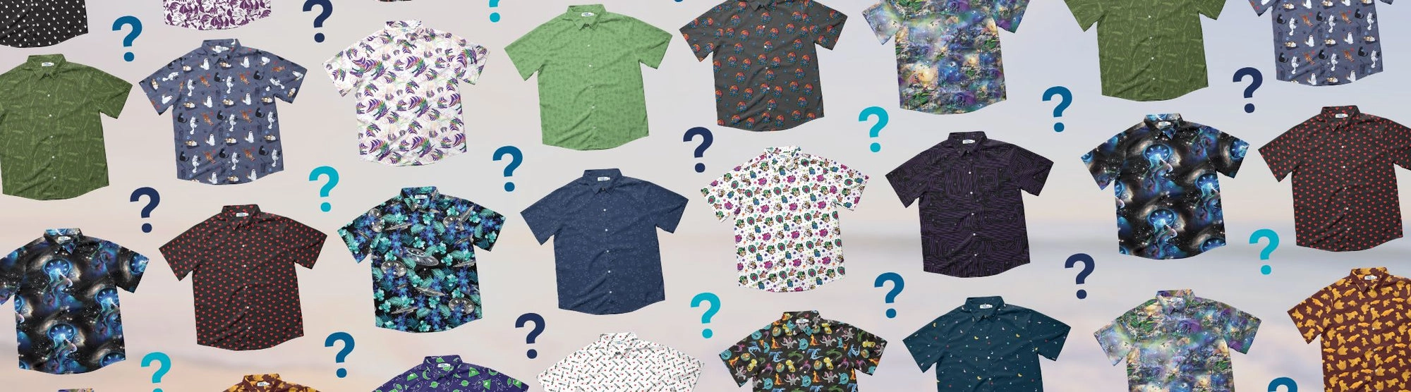 A field of button up shirts in many prints and colors, scattered with question marks