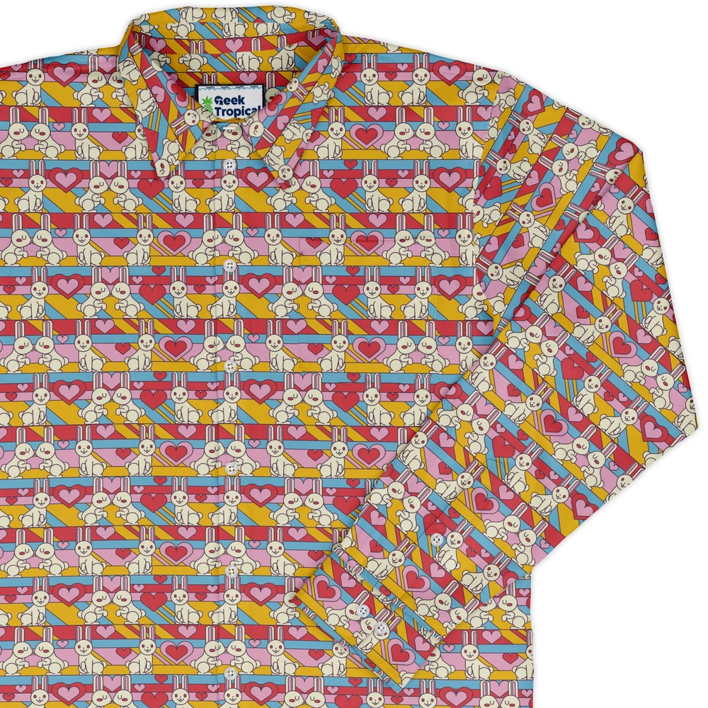 White Bunnies In Love Long Sleeve Button Up Shirt